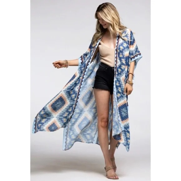 Blue Navy Multi Long Open Front Aztec Tribal Pattern Kimono Wrap Coverup Top - Picture 1 of 3